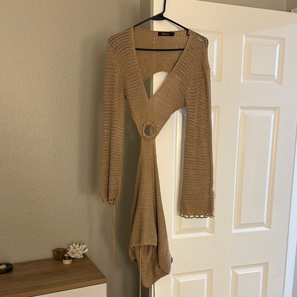 Tan Knit Dress with Cutout Detail
